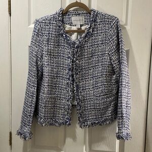Elegant Tweed Blazer in Royal Blue and White with a Sparkly Silver Threads SZ XL